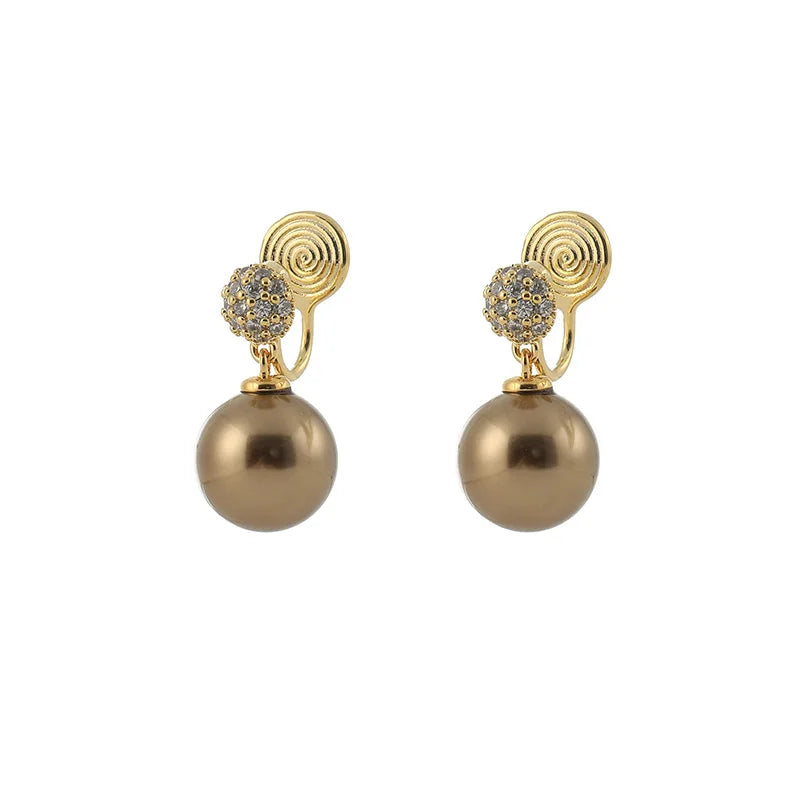 Elegant Brown Pearl Drop Zircon Spiral Stud & Clip On No Piercing Luxury Fashion Earrings