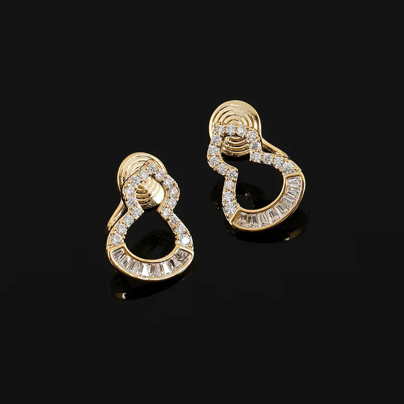 Elegant Hollow Gourd Zircon Gold Tone Alloy Stud & Clip On No Piercing Commuter Jewelry Earrings