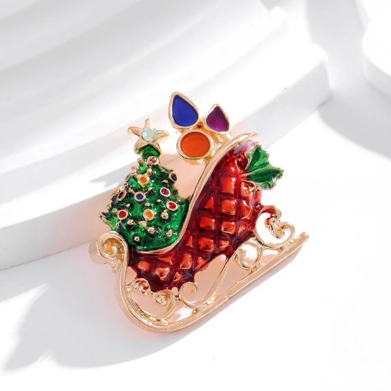 Elegant Enamel Rhinestone Christmas Tree Sleigh Brooch, Gold Tone Alloy Lapel Pin Corsage Gift