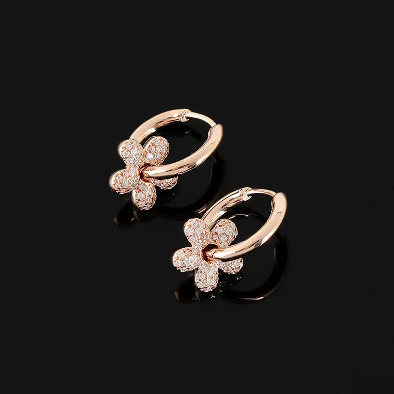 Elegant Rose Gold Rhinestone Flower Spiral Hoop Stud & Clip On No Piercing Women's Fashion Earrings