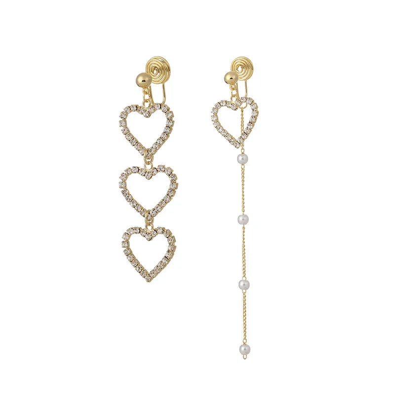 Elegant Alloy Rhinestone Heart Pearl Long Tassel Stud & Clip On No Piercing Asymmetric Drop Earrings