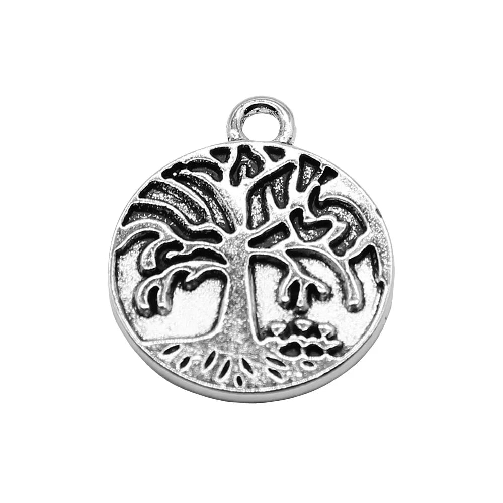 20x24mm 2.4g Antique Silver Zinc Alloy Round Tree Double Sided Charm Pendant for DIY Necklace Bracelet Making