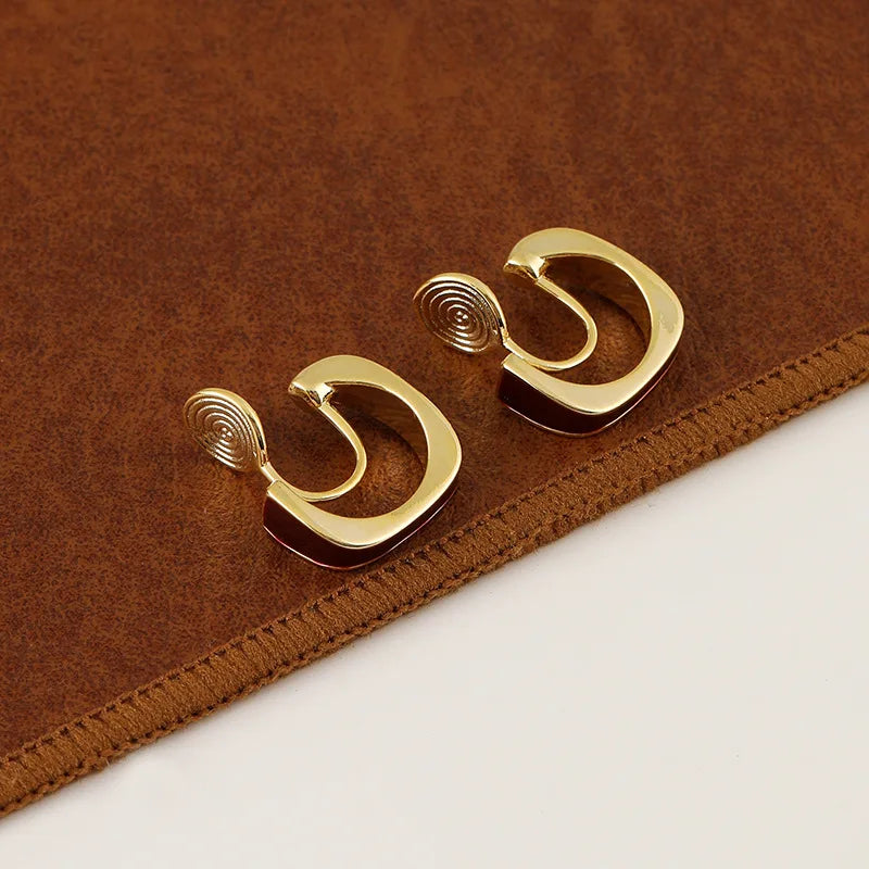 Vintage Red Enamel Square Hoop Alloy Stud & Clip On No Piercing Commuter Statement Earrings