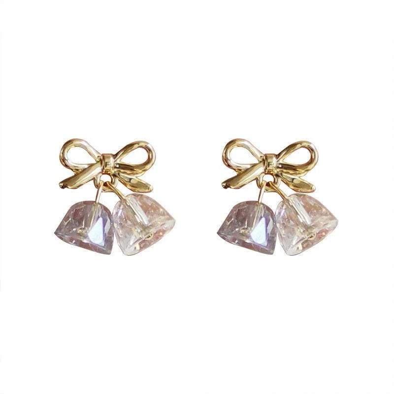 Korean Style 14K Plated Bow Bell Glass Crystal Stud Earrings For Women