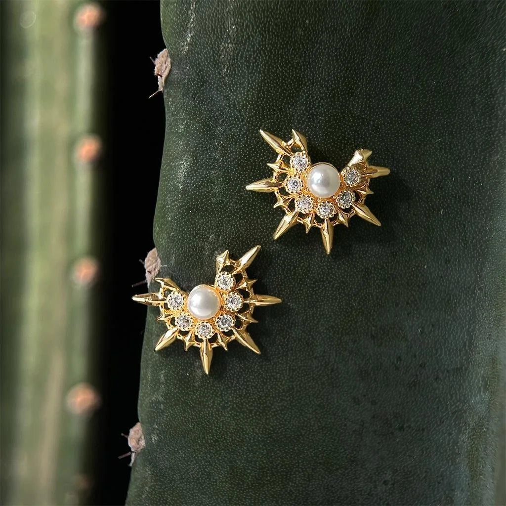 Designer Micro Pave Zircon Sun Star Stud Earrings 14K Plated Copper Luxury Style