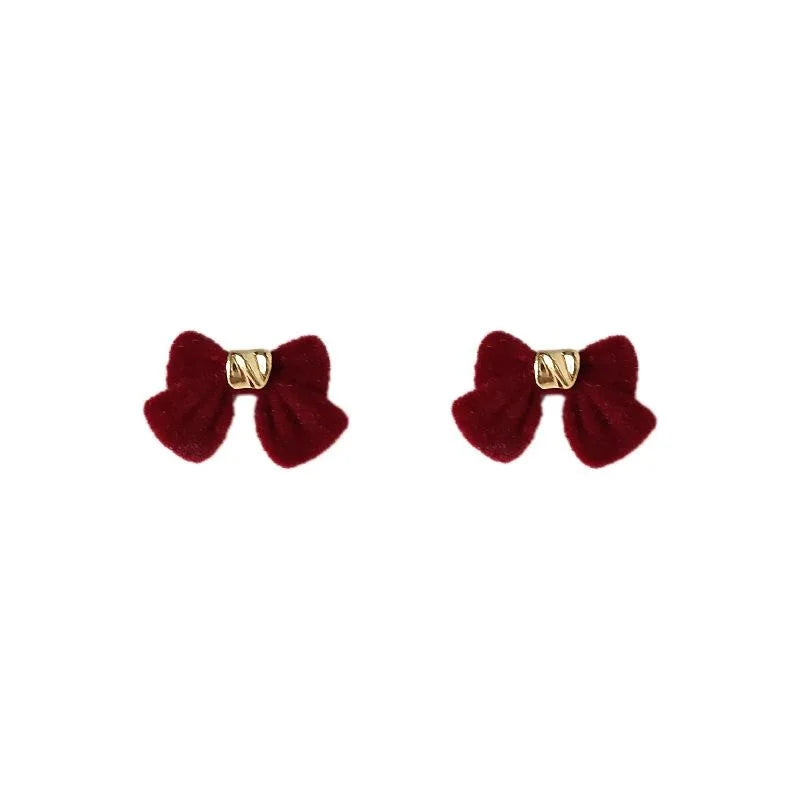 Winter Flocked Bow Stud Earrings Korean Japanese Sweet Cute Silver Plated Metal Jewelry