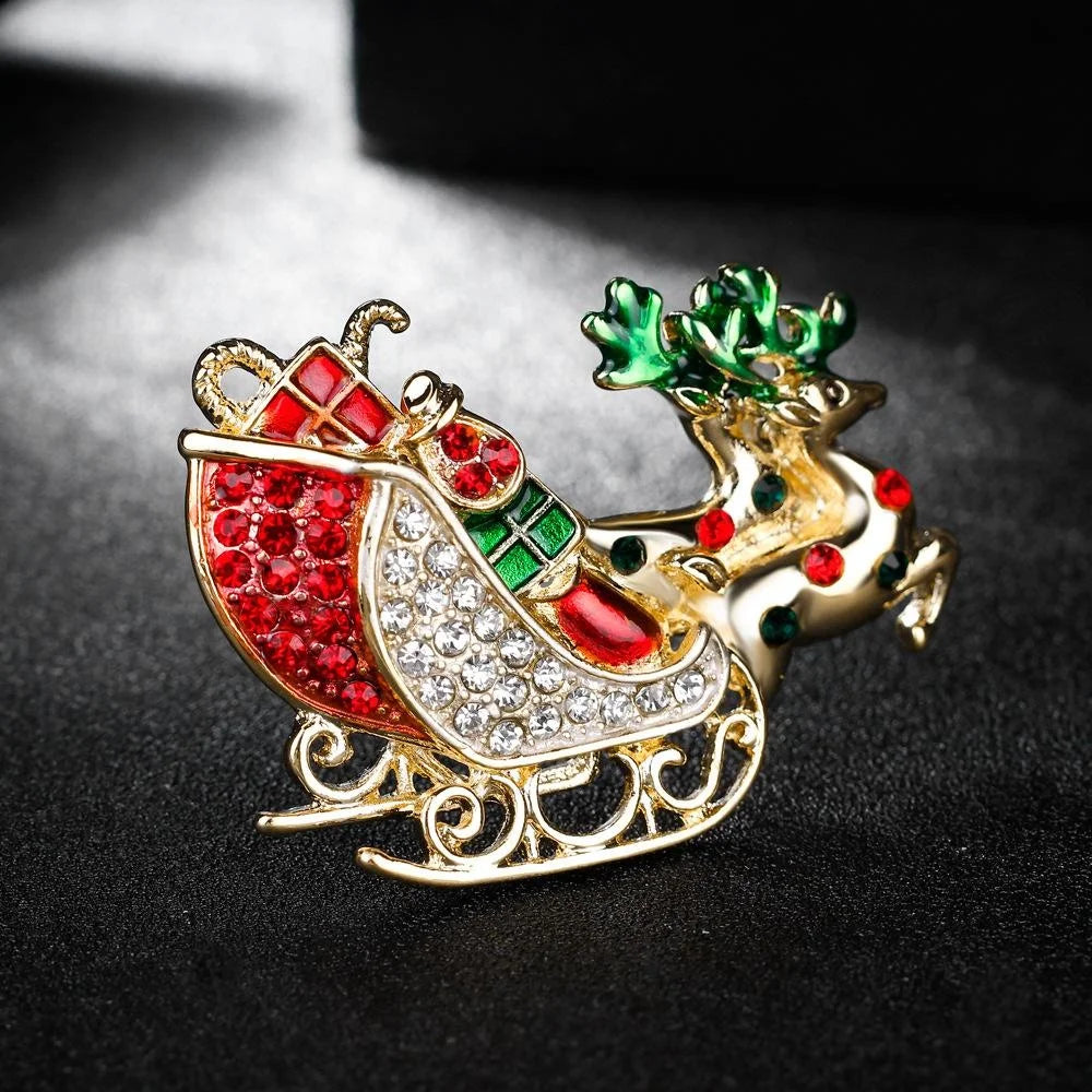 Cute Christmas Reindeer Sleigh Alloy Enamel Rhinestone Brooch, Festive Lapel Pin Corsage Gift
