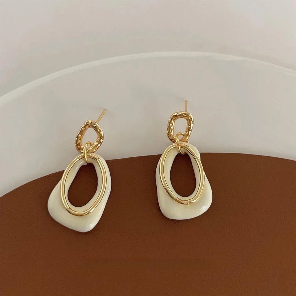 14K Gold Plated Copper Geometric Overlap Milky White Enamel Drop Earrings For Women