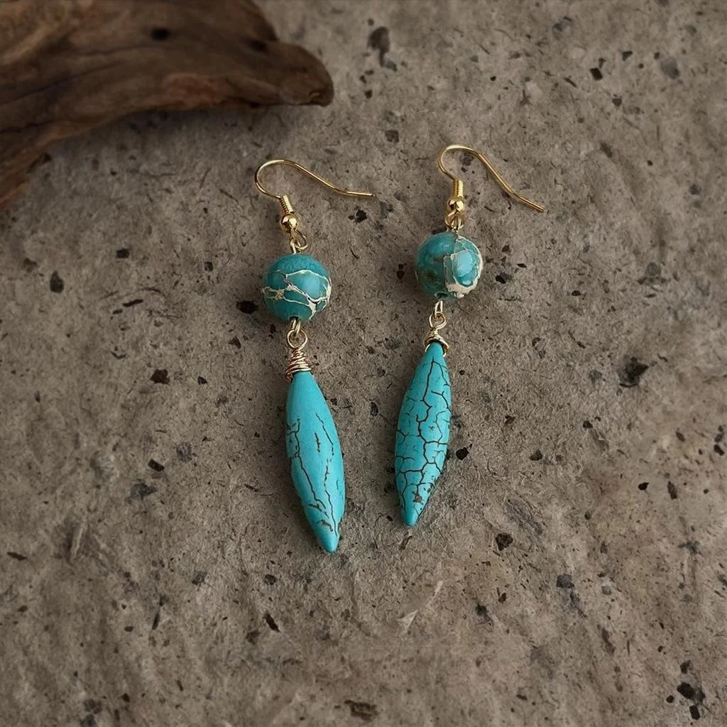 Handmade Vintage Ethnic Synthetic Turquoise Imperial Stone Teardrop Drop Earrings