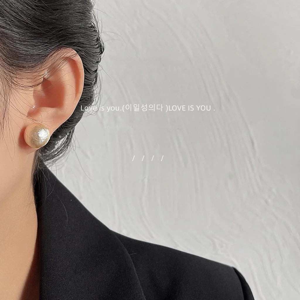 Round Cotton Pearl Silver Plated Pin Stud Earrings, Elegant Minimalist Fashion Jewelry