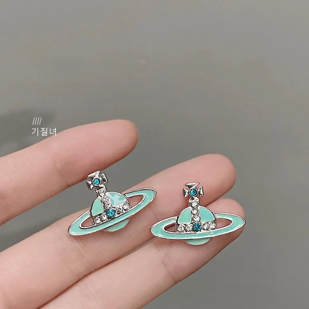 Milk Blue Saturn Stud Earrings Copper Enamel Star Planet Sweet Cool Jewelry