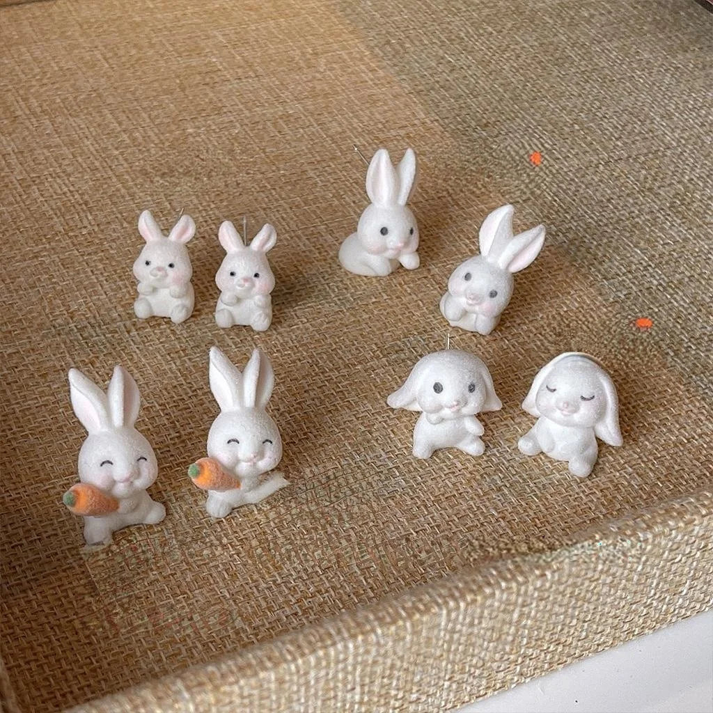 Cute White Flocked Resin Rabbit Stud Earrings With Silver Plated Pins For Girls