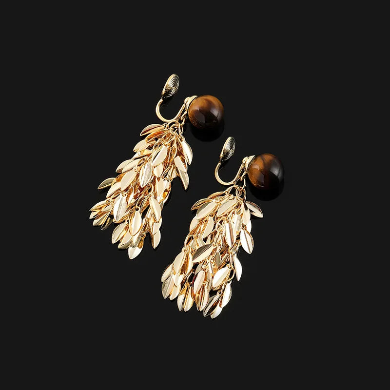 Vintage Tiger Eye Stone Gold Alloy Leaf Tassel Stud & Clip On No Piercing Long Drop Earrings