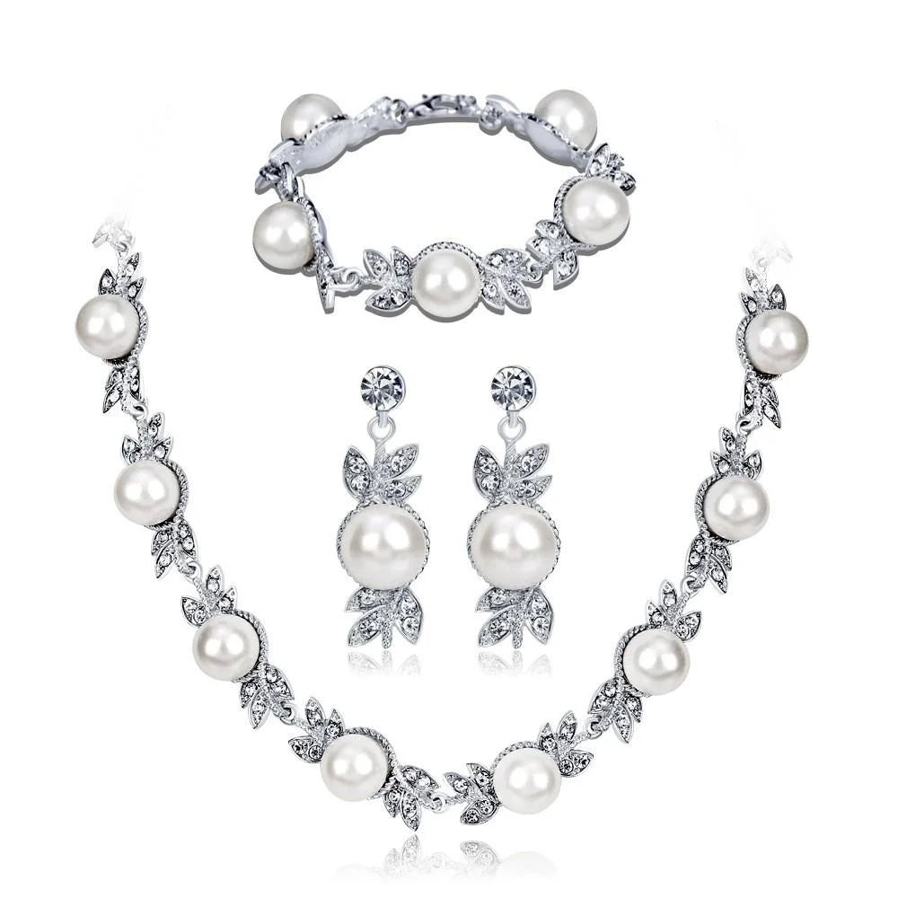 Elegant Bridal Pearl Rhinestone Leaf Earrings Necklace Bracelet Jewelry Set For Wedding Party Gift