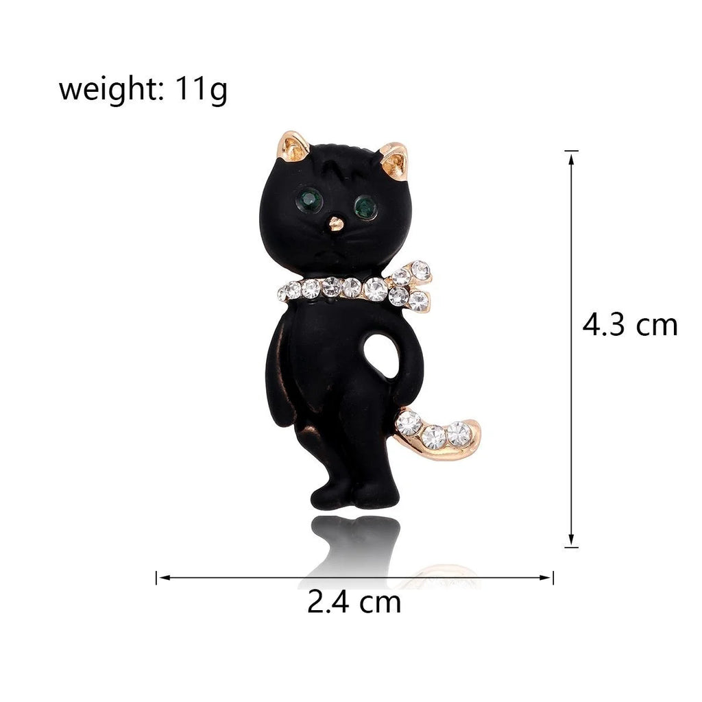 Elegant Black Cat Enamel Brooch With Rhinestone Collar, Cute Animal Lapel Pin Corsage Suit Accessory Gift