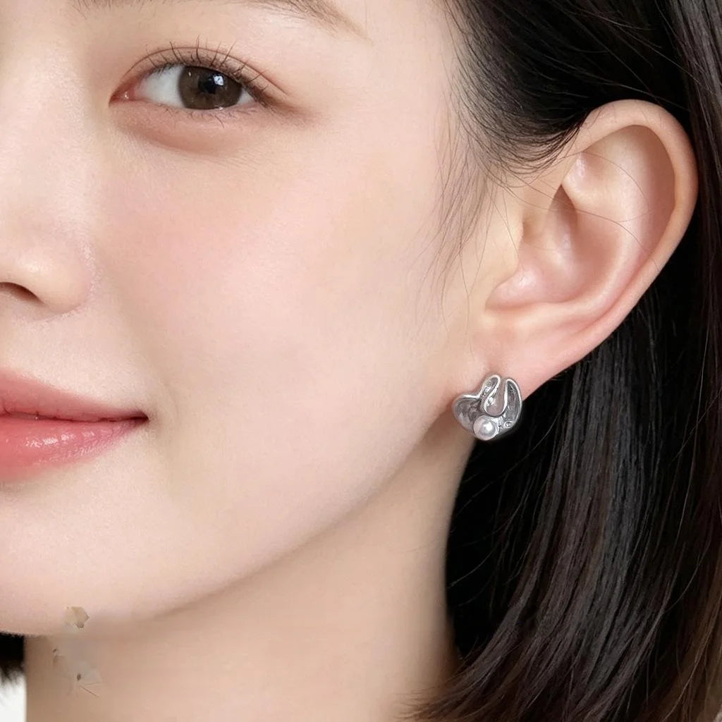 Eco Copper Fishtail Ruffle Pleated Pearl Stud Earrings Minimalist Luxury Style