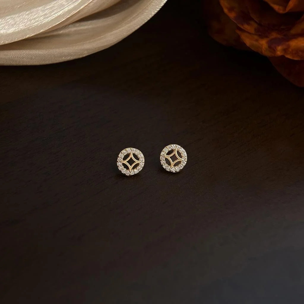 Light Luxury 14K Gold Plated Copper Micro Pave Zircon Round Geometric Stud Earrings