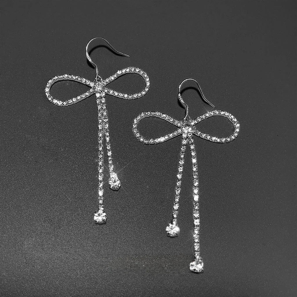 Korean Sweet Cool Copper Bow Drop Earrings With Silver Plated Pins And Rhinestone Accents