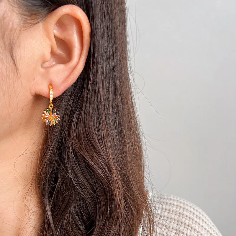 Luxury Colorful Zircon Daisy Flower Drop Stud & Clip On No Piercing Gold Alloy Spiral Hoop Earrings