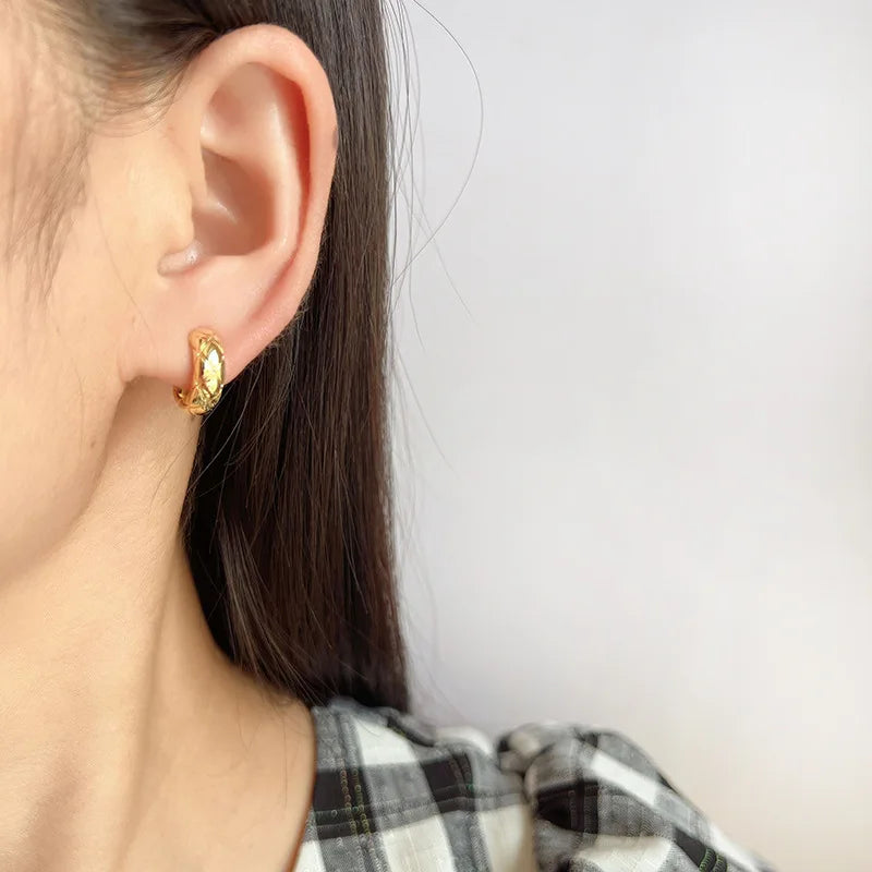 Elegant Gold Alloy Quilted Hoop Stud & Clip On No Piercing Spiral Disc Minimalist Fashion Earrings