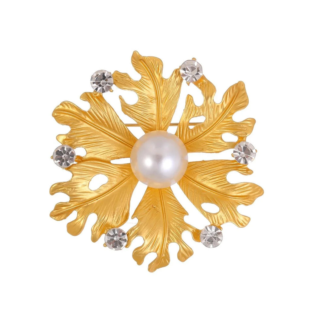 Elegant Gold Coconut Leaf Brooch With Faux Pearl And Rhinestones, Luxury Lapel Pin Suit Accessory Gift