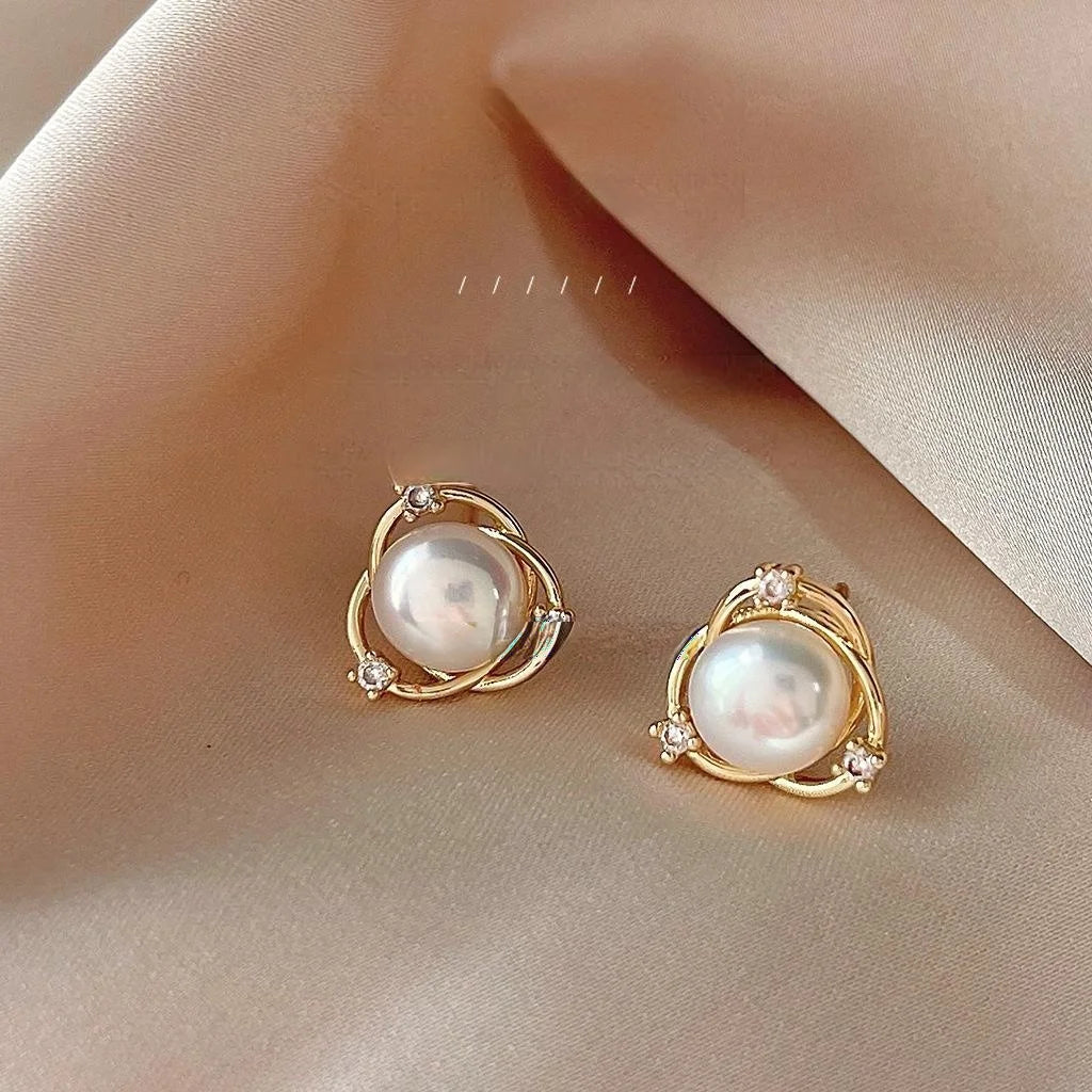 Freshwater Pearl Micro Pave Zircon 14K Plated Geometric Circle Cross Stud Earrings