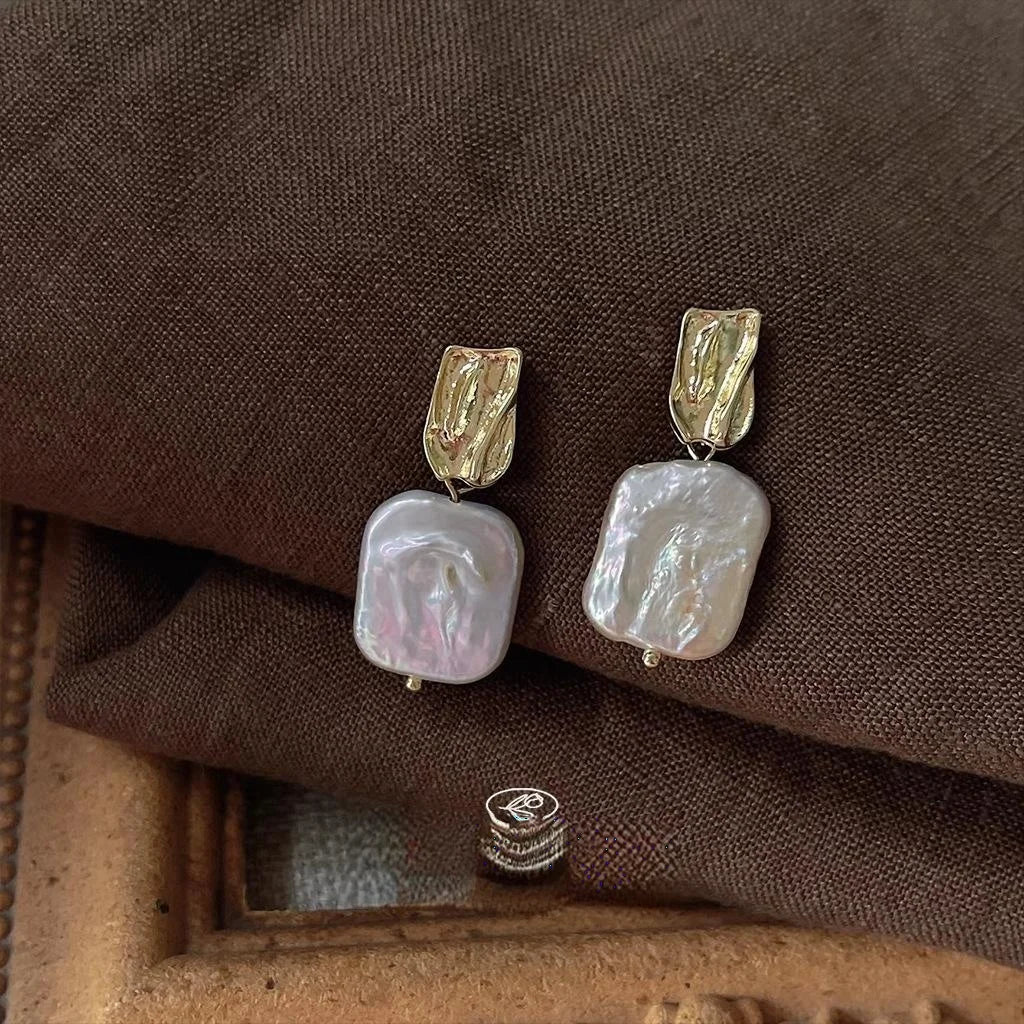 Baroque Irregular Freshwater Pearl Stud Earrings With 14K Plated Handmade Geometric Design