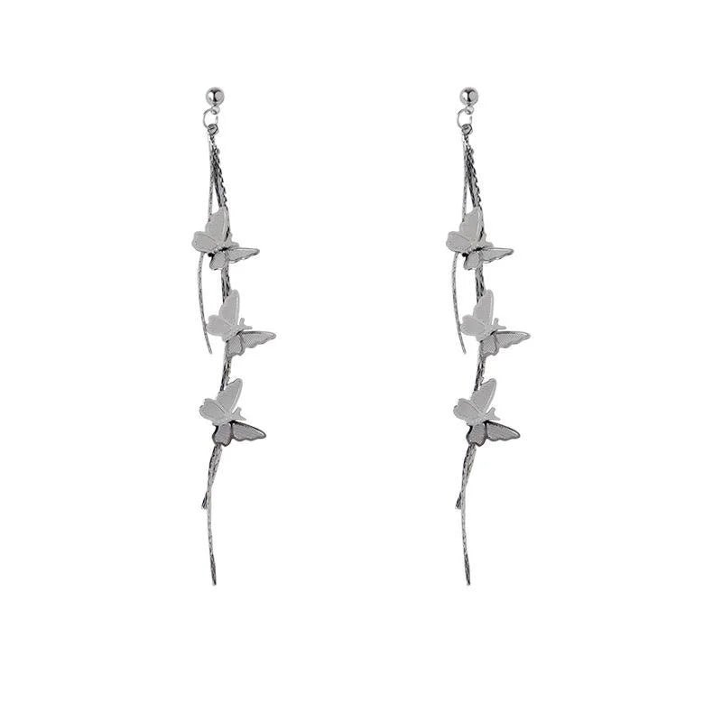 Silver Plated Copper Butterfly Tassel Drop Earrings, Japanese Korean Fashion Insect Jewelry