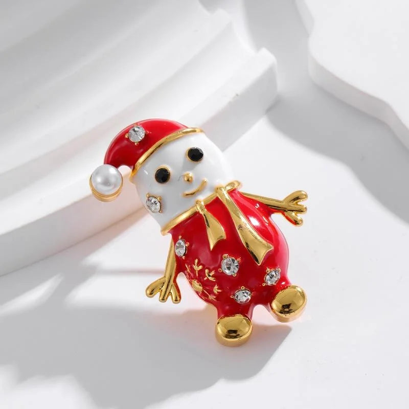 Cute Christmas Snowman Rhinestone Enamel Alloy Brooch With Pearl Hat, Festive Lapel Pin Corsage Gift