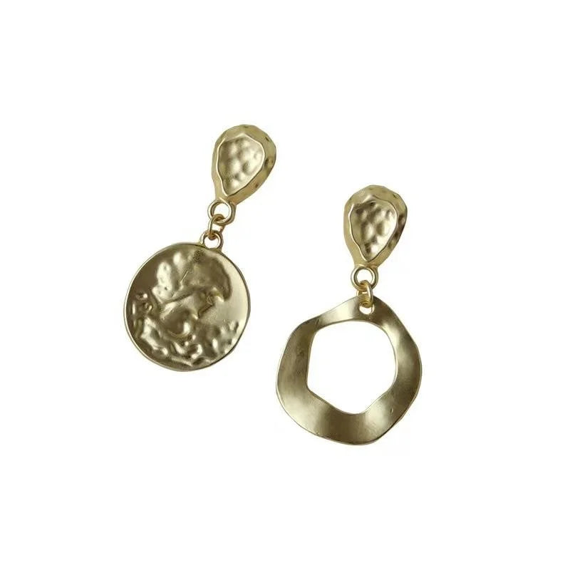 French Vintage Matte Metal Asymmetric Portrait Stud Earrings Geometric Round Designer Style