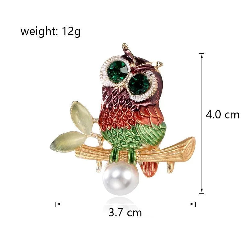 Cute Colorful Enamel Owl Brooch With Green Rhinestone Eyes And Pearl Drop, Elegant Lapel Pin Gift