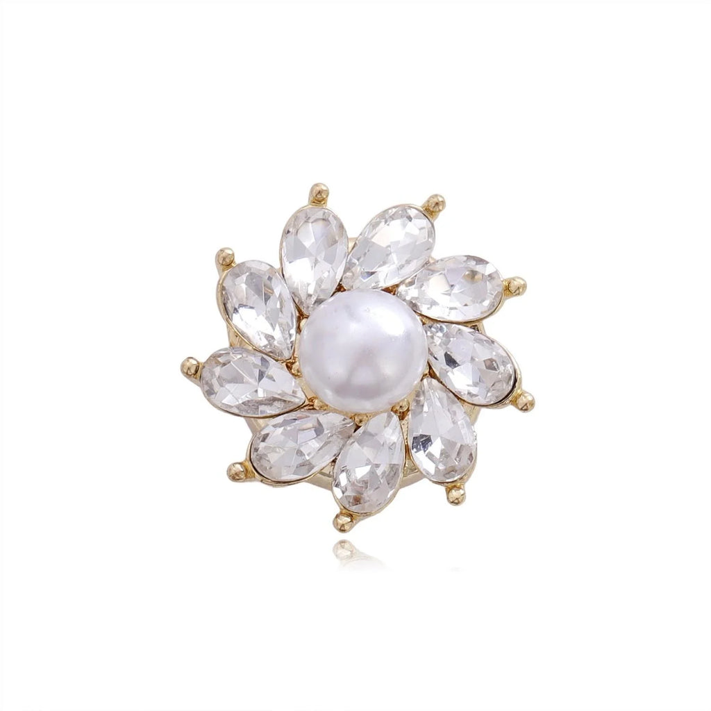 Elegant 3D Flower Magnetic Brooch With Pearl Center, Rhinestone Petals And Gold Alloy Lapel Pin Suit Accessory