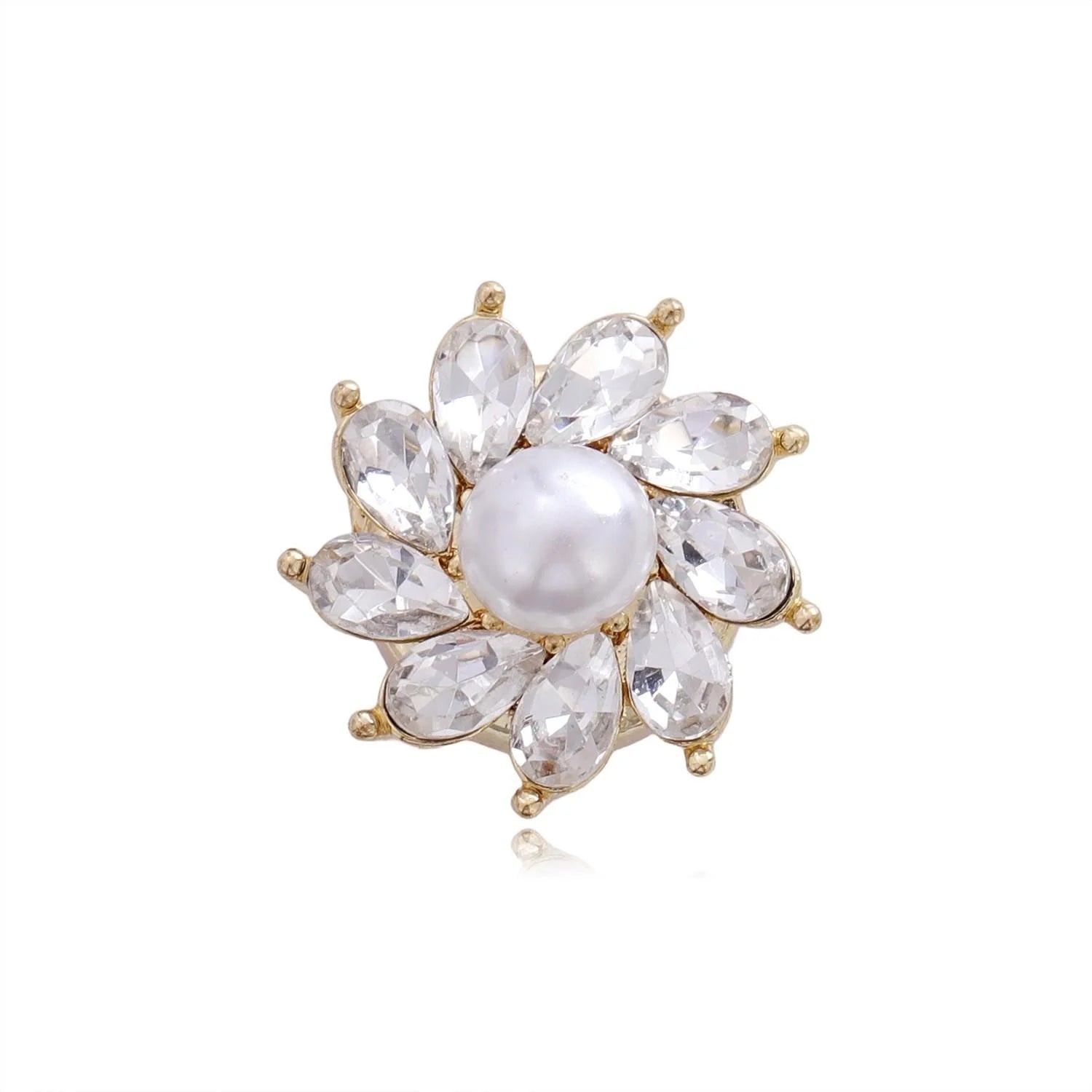 Elegant 3D Flower Magnetic Brooch With Pearl Center, Rhinestone Petals And Gold Alloy Lapel Pin Suit Accessory