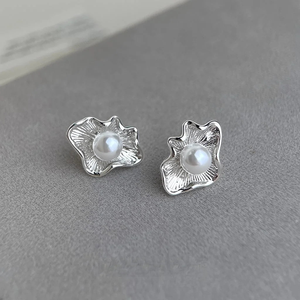Minimalist Irregular Ruffle Leaf Glass Pearl Copper Stud Earrings Artistic Chic Jewelry