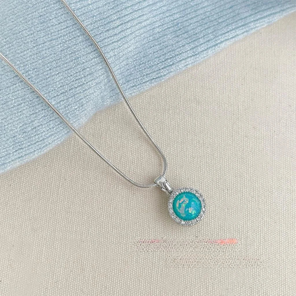 Platinum Plated Copper Synthetic Opal Necklace With Micro Pave Zircon Round Geometric Pendant