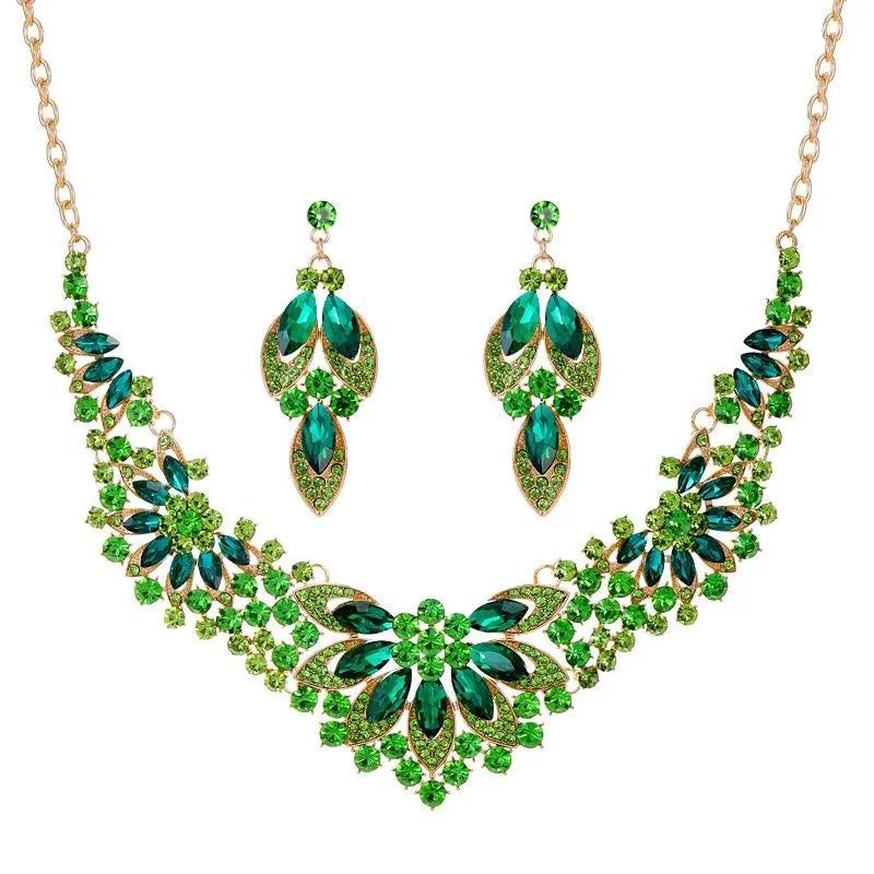 Luxury Bridal Rhinestone Crystal Flower Necklace And Earrings Jewelry Set, Silver Tone Wedding Party Jewelry