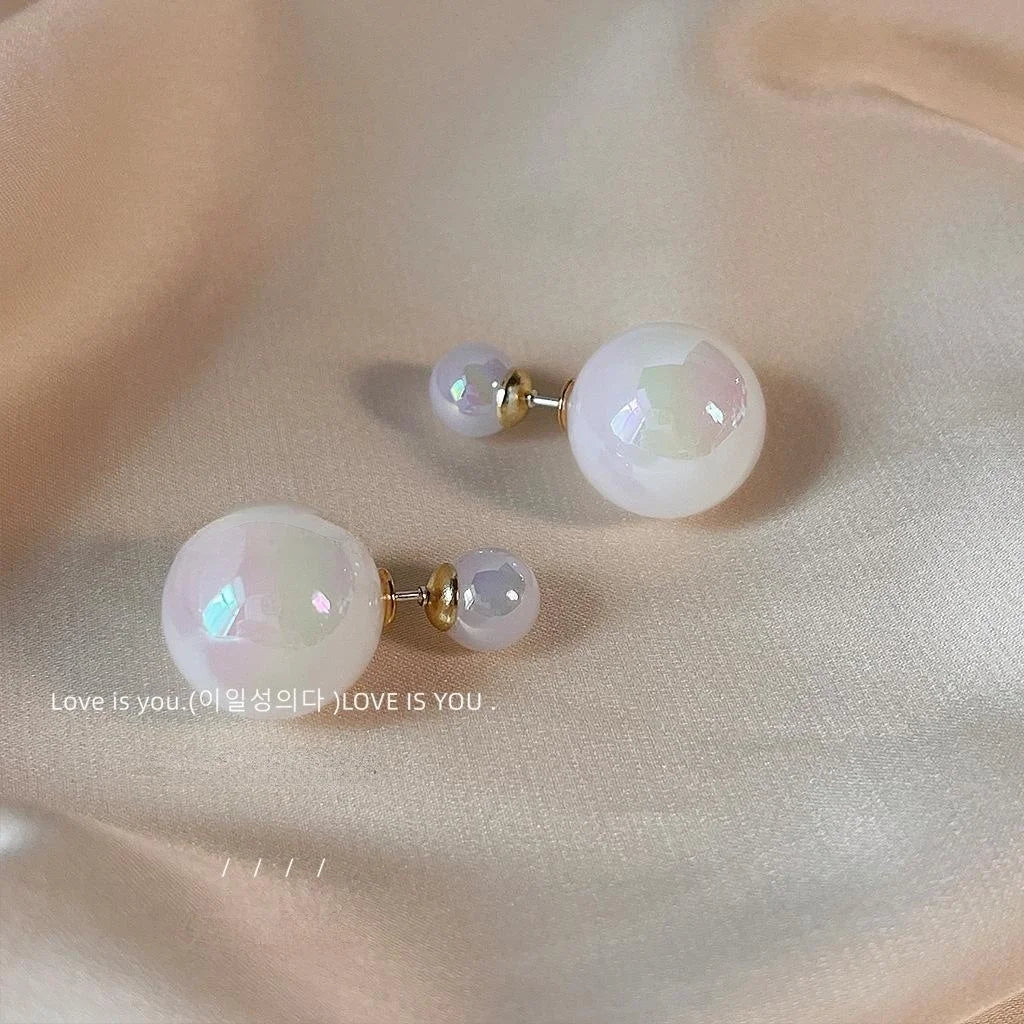 Two Way Resin Iridescent Pearl Stud Earrings With Silver Plated Pins Minimalist Korean Geometric Style