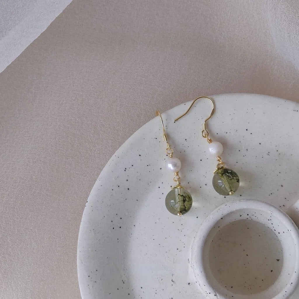 Handmade French Vintage Freshwater Pearl Synthetic Green Phantom Geometric Drop Earrings