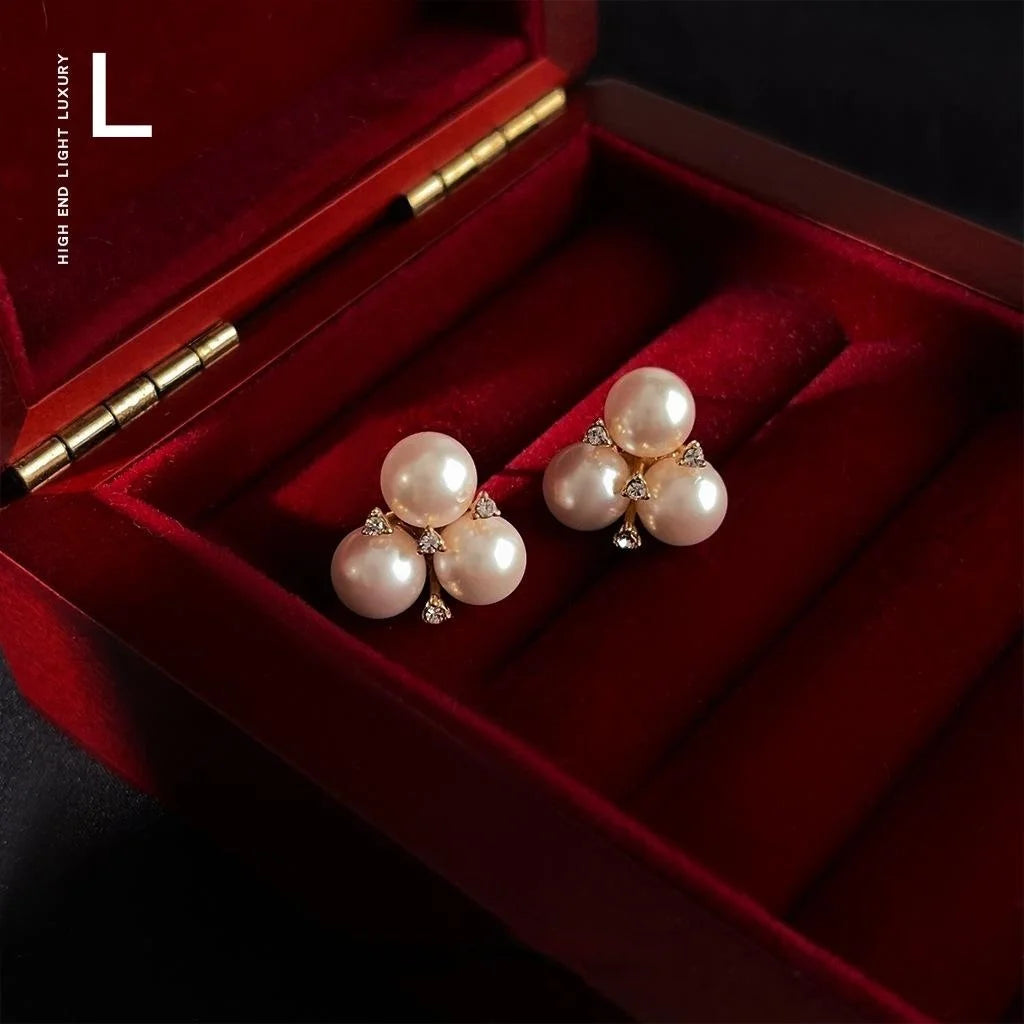 French Vintage Copper Glass Pearl Flower Stud Earrings With Micro Pave Zircon For Women