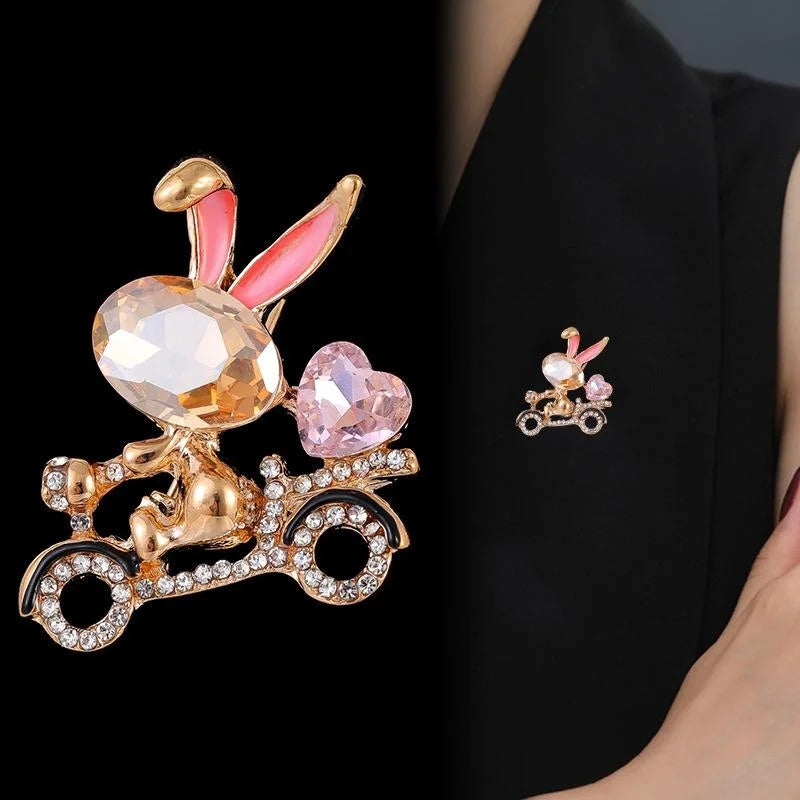 Cute Rhinestone Enamel Rabbit Riding Bicycle Heart Brooch, Luxury Alloy Lapel Pin Corsage Gift