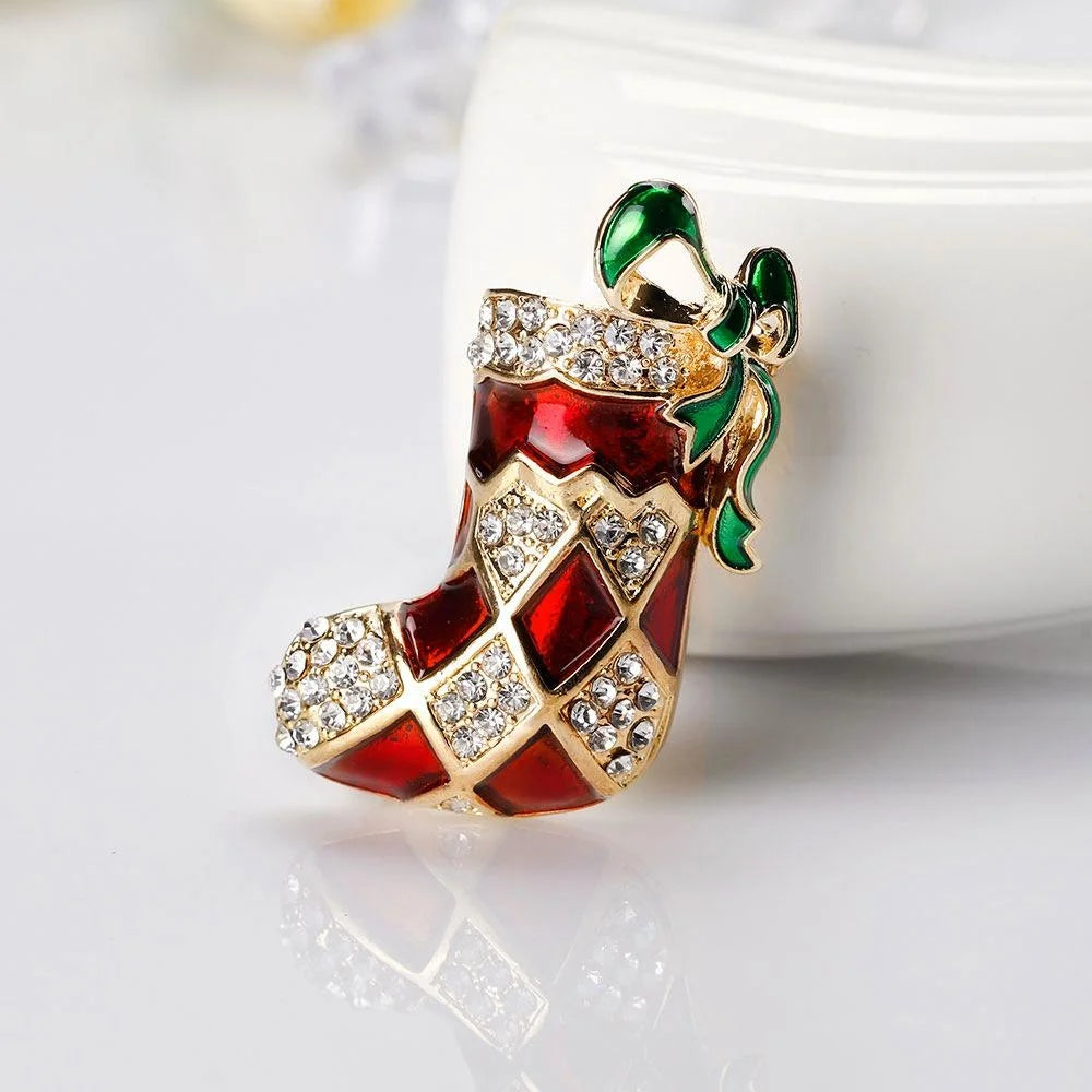Luxury Rhinestone Enamel Christmas Stocking Boot Brooch, Alloy Holiday Lapel Pin Corsage Gift For Women