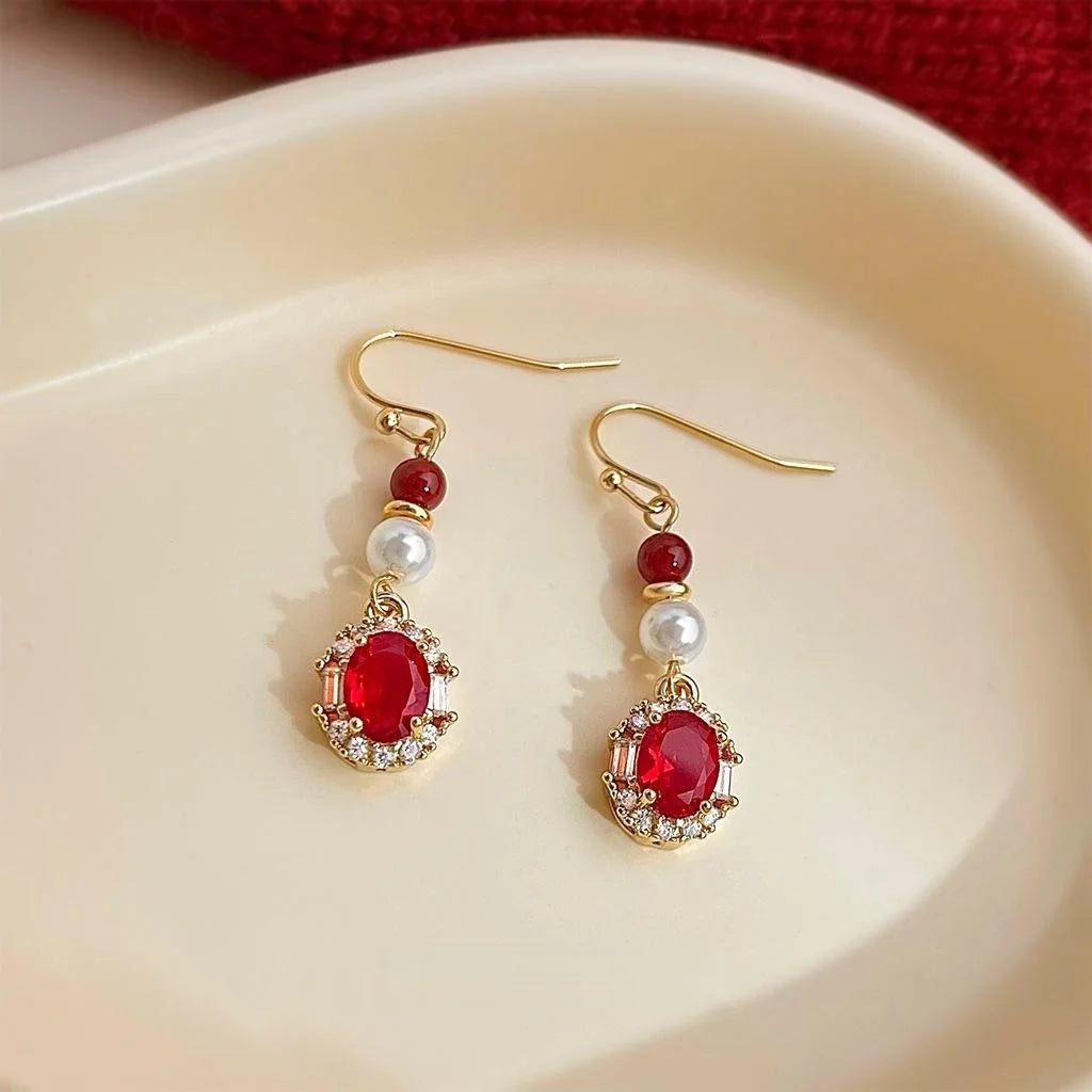 Vintage Copper Red Agate Pearl Zircon Geometric Round Tassel Drop Earrings For Women