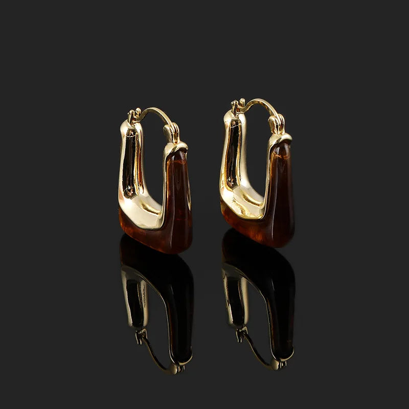 Vintage French Brown Resin Geometric Hoop Stud & Clip On No Piercing Gold Alloy Spiral Earrings