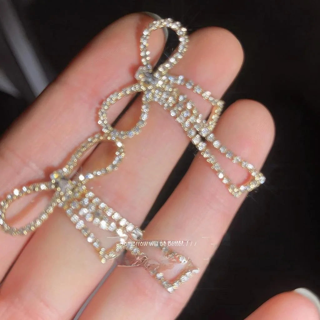Luxury 14K Plated Copper Rhinestone Bow Drop Earrings With Silver Plated Pins For Women