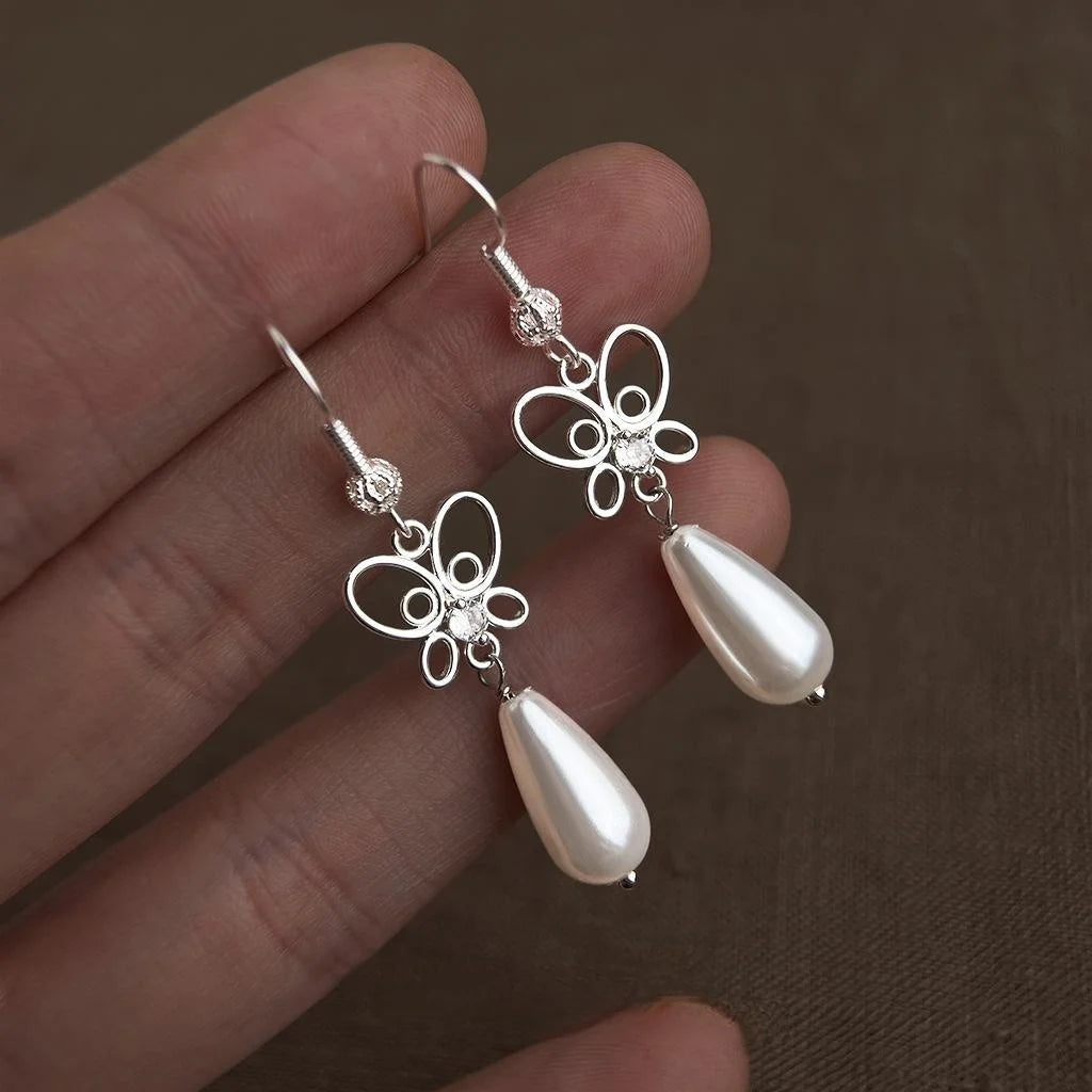 New Chinese Style Eco-Friendly Copper Zircon Butterfly Teardrop Pearl Drop Earrings