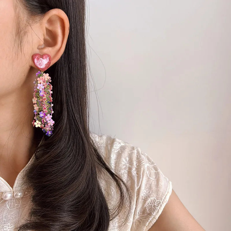 Pink Purple Sequin Flower Alloy Long Tassel Stud & Clip On No Piercing Elegant Heart Drop Earrings