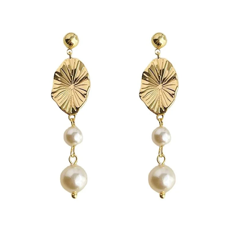 Handmade French Vintage Copper Glass Pearl Geometric Leaf Tassel Drop Earrings For Women