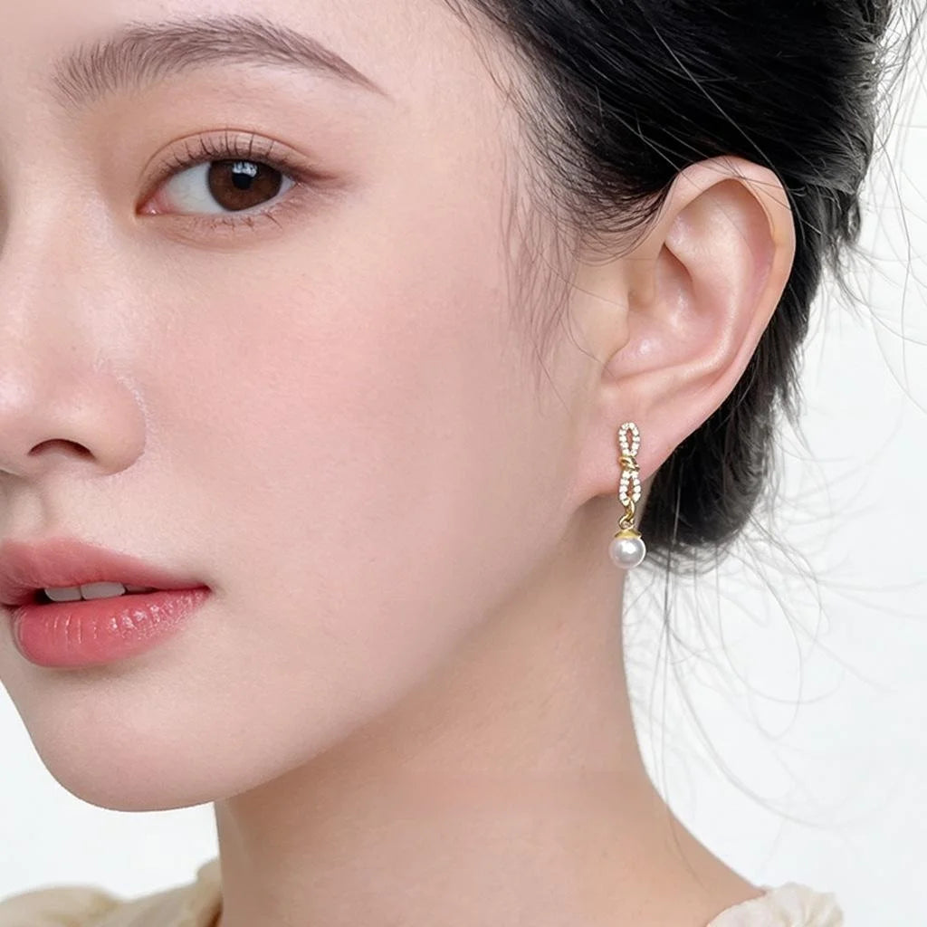 Fashion Geometric Rope Knot Pearl Stud Earrings Eco-Friendly Copper Micro Pave Zircon Silver Plated Jewelry
