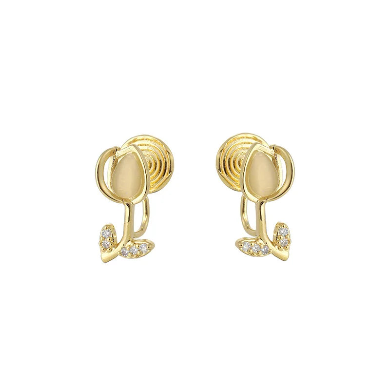 Elegant Gold Alloy Cat Eye Tulip Flower Rhinestone Stud & Clip On No Piercing French Earrings