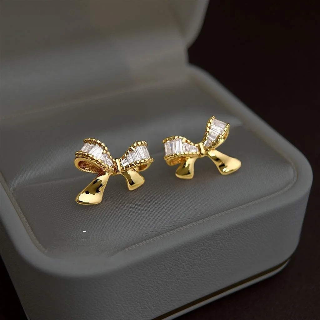 14K Gold Plated Copper Micro Pave Zircon Bow Stud Earrings Light Luxury Minimalist Jewelry
